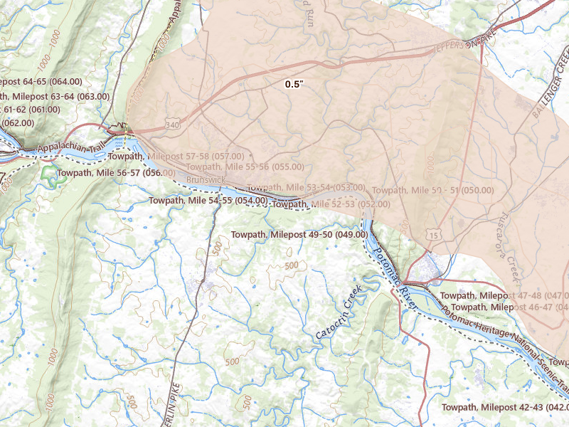 Radar-estimated hail-size map of the storm over Lovettsville, VA on Aug 27, 2026