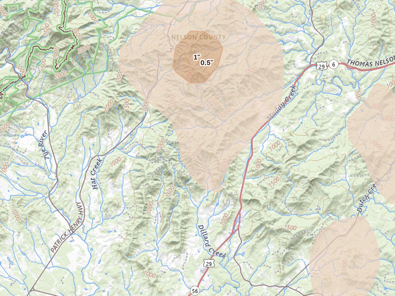 Radar-estimated hail-size map of the storm over Lovingston, VA on Jul 4, 2026