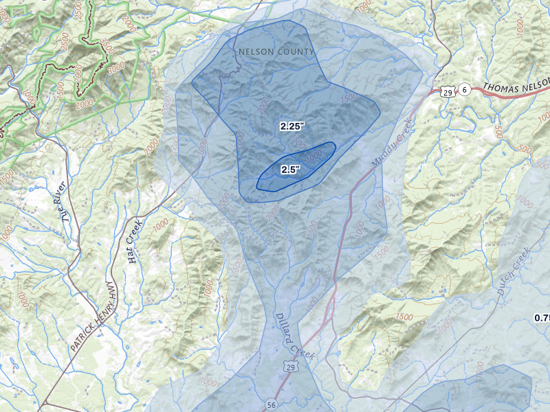 NEXRAD radar-signature map of the hail over Lovingston, VA