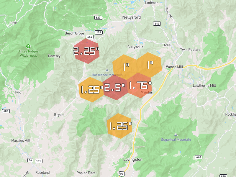 Hail map of Lovingston, VA on Jul 4, 2026, hail up to 2.5"