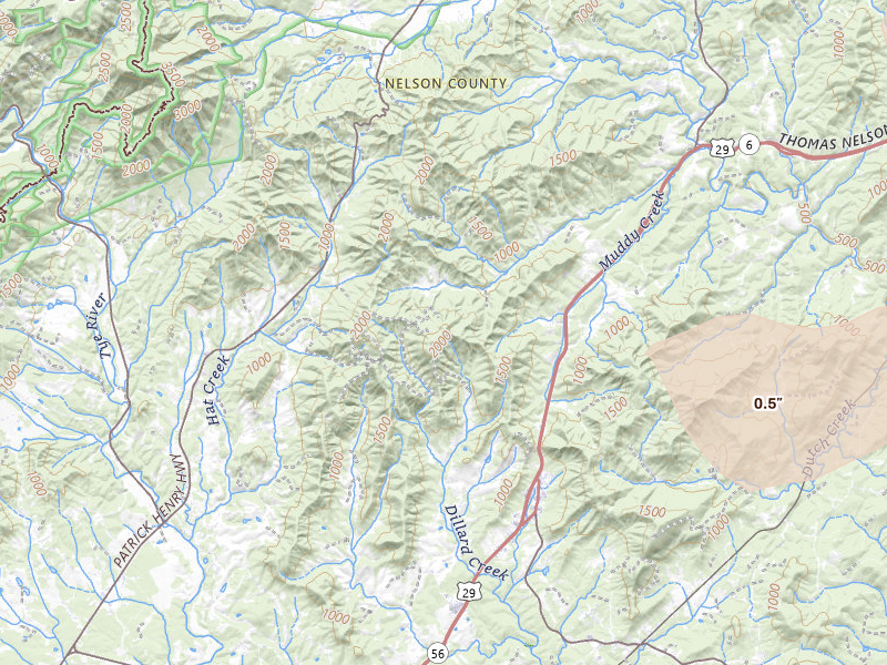 Radar-estimated hail-size map of the storm over Lovingston, VA on Jul 21, 2026