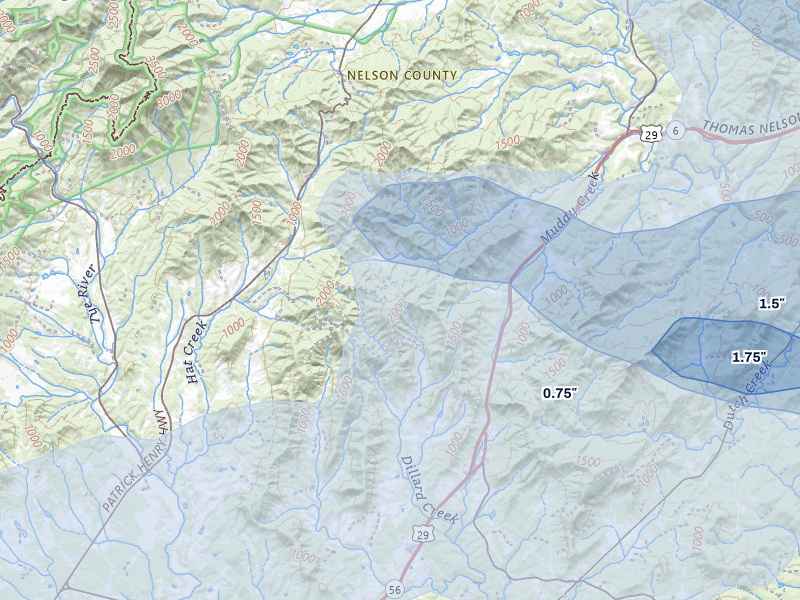 NEXRAD radar-signature map of the hail over Lovingston, VA