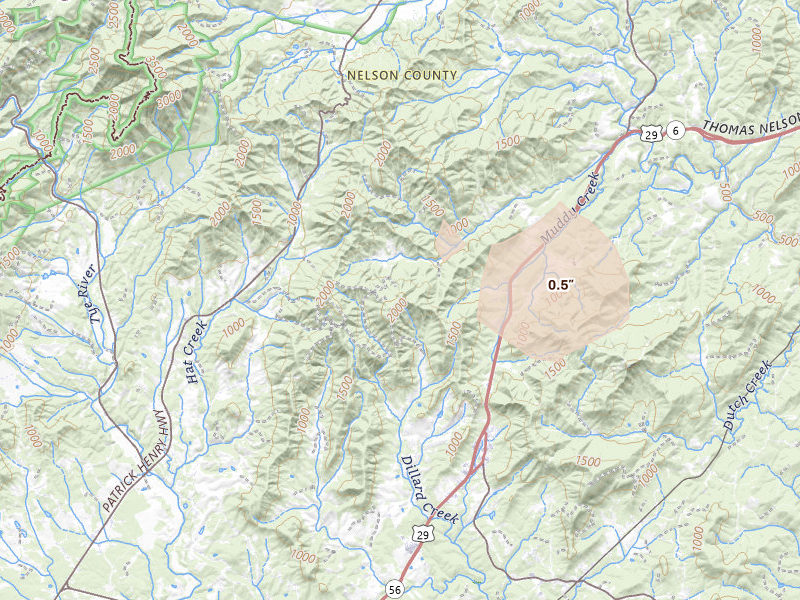 Radar-estimated hail-size map of the storm over Lovingston, VA