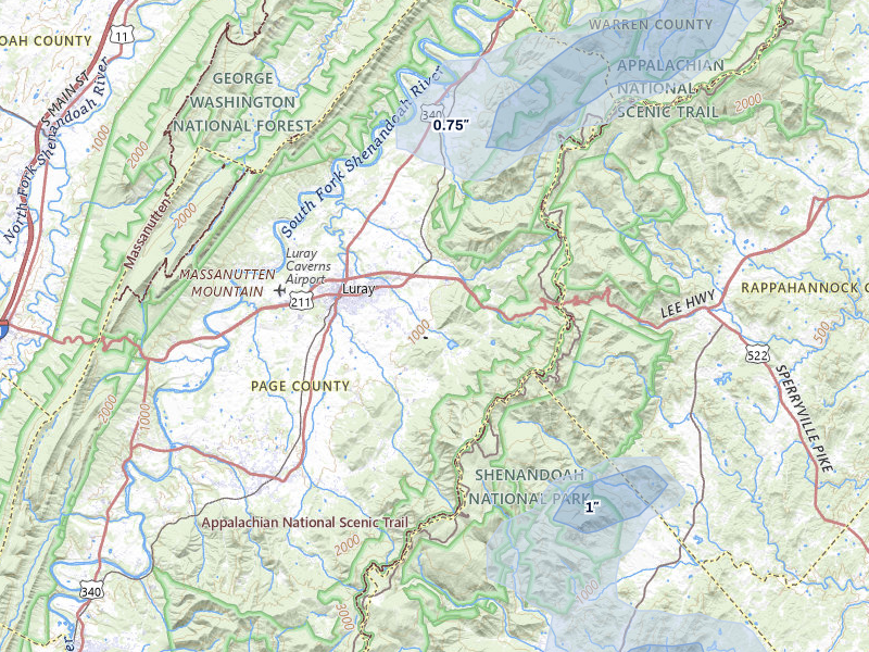NEXRAD radar-signature map of the hail over Luray, VA