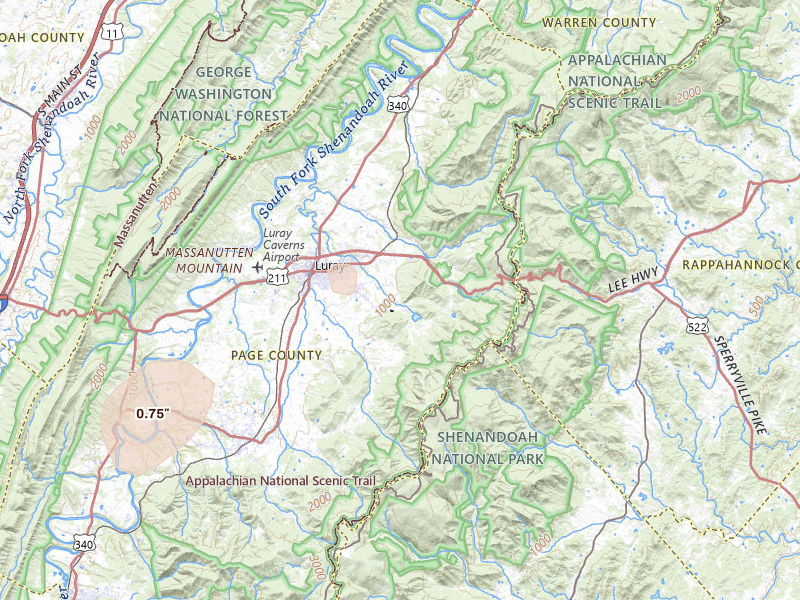 Radar-estimated hail-size map of the storm over Luray, VA on Jul 5, 2026