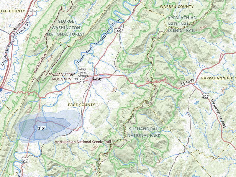 NEXRAD radar-signature map of the hail storm over Luray, VA on Jul 5, 2026
