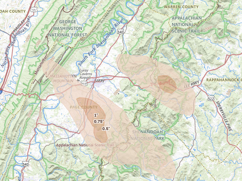 Radar-estimated hail-size map of the storm over Luray, VA on Jul 28, 2026
