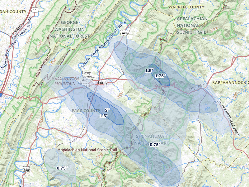 NEXRAD radar-signature map of the hail storm over Luray, VA on Jul 28, 2026