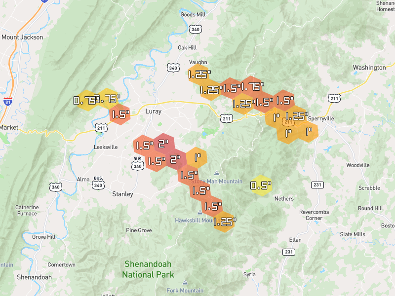 Hail map of Luray, VA on Jul 28, 2026, hail up to 2"