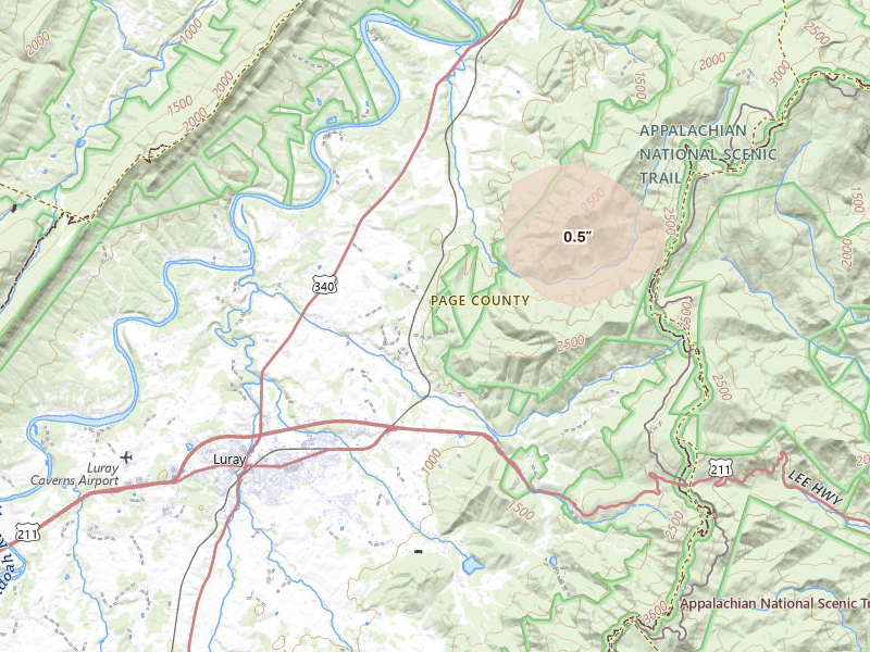 Radar-estimated hail-size map of the storm over Luray, VA on Sep 2, 2026