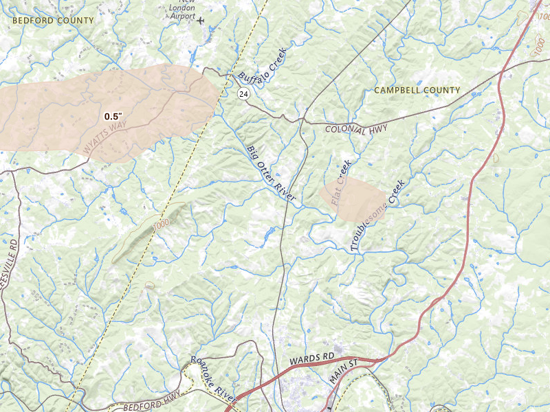 Radar-estimated hail-size map of the storm over Lynch Station, VA on Jul 21, 2026