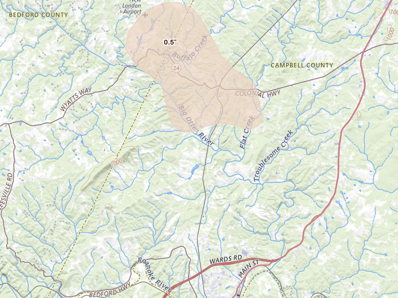 Radar-estimated hail-size map of the storm over Lynch Station, VA on Aug 16, 2026