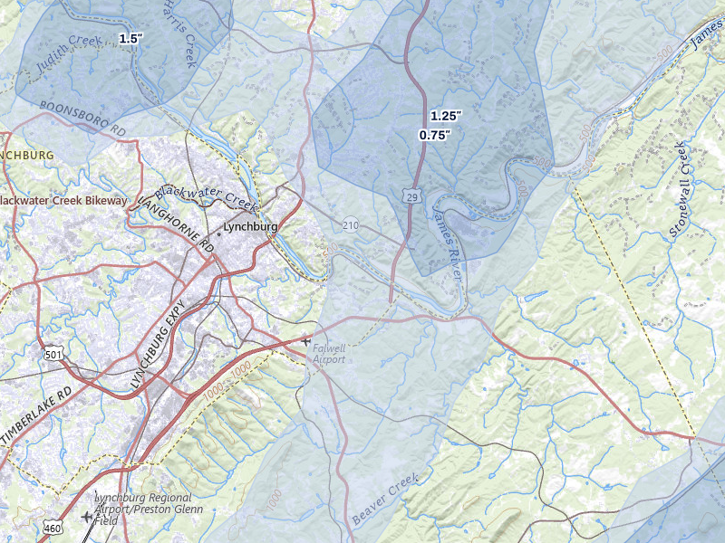 NEXRAD radar-signature map of the hail over Lynchburg, VA