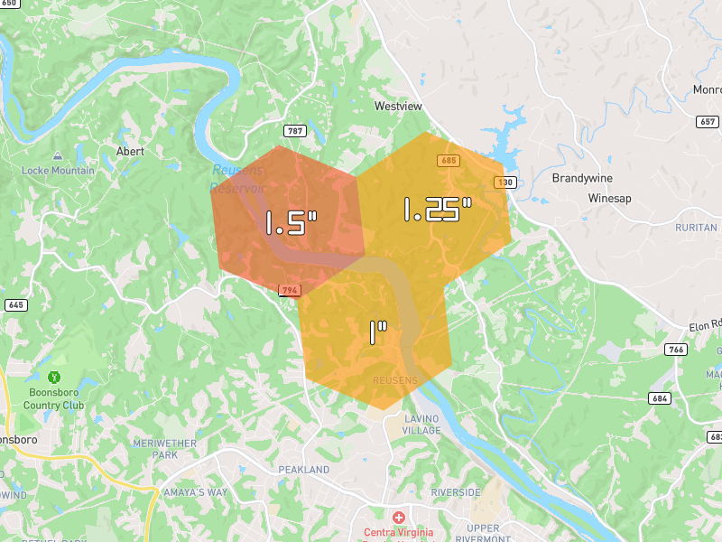 Hail map of Lynchburg, VA on Jul 4, 2026, hail up to 1.5"