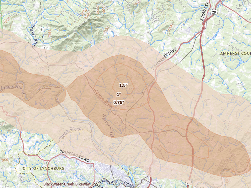 Radar-estimated hail-size map of the storm over Madison Heights, VA on May 27, 2026