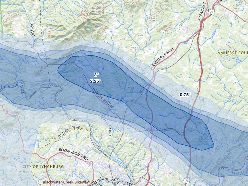 NEXRAD radar-signature map of the hail storm over Madison Heights, VA on May 27, 2026