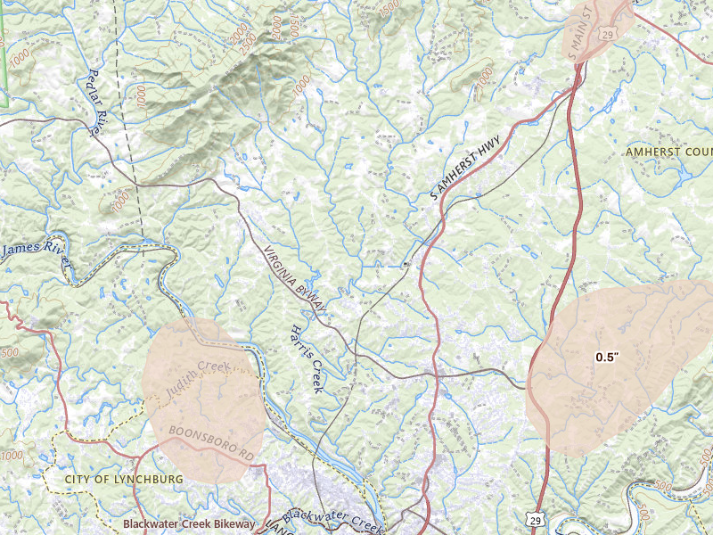 Radar-estimated hail-size map of the storm over Madison Heights, VA on Jul 4, 2026