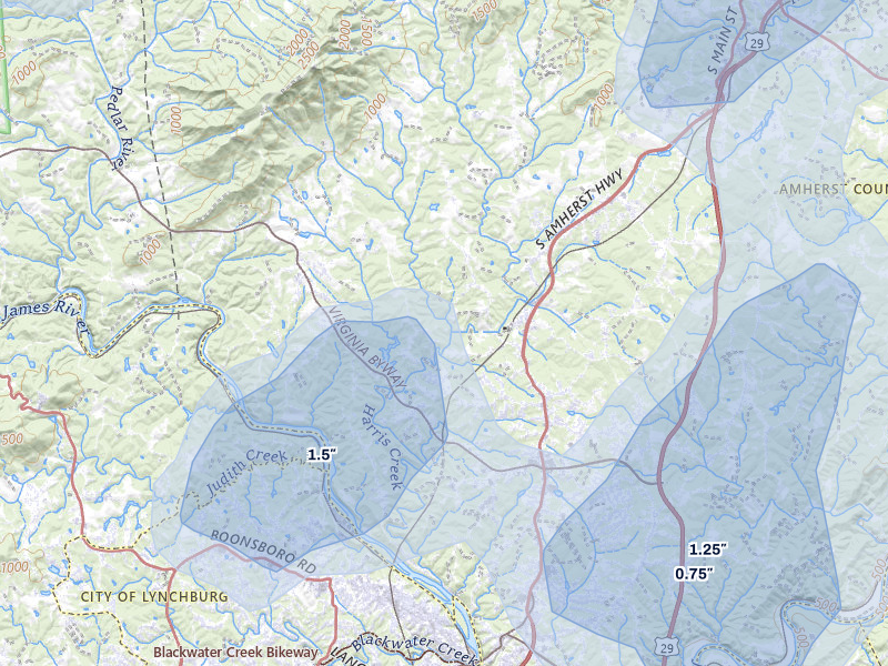 NEXRAD radar-signature map of the hail over Madison Heights, VA