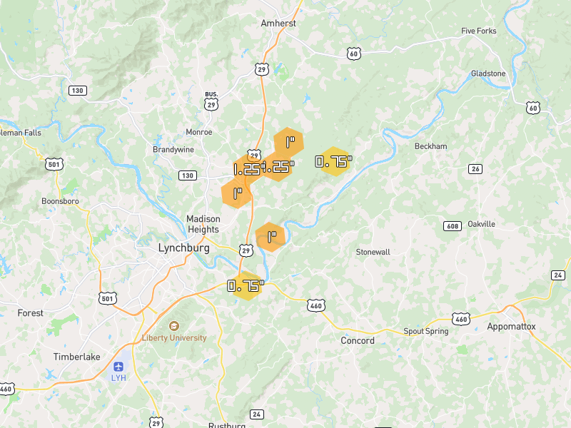 Hail map of Madison Heights, VA on Jul 4, 2026, hail up to 1.25"