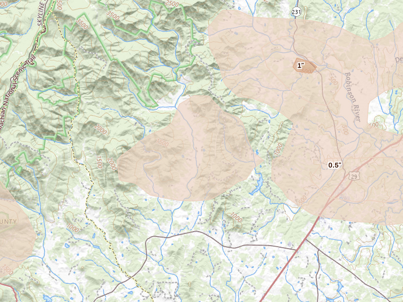 Radar-estimated hail-size map of the storm over Madison, VA on Jun 12, 2026