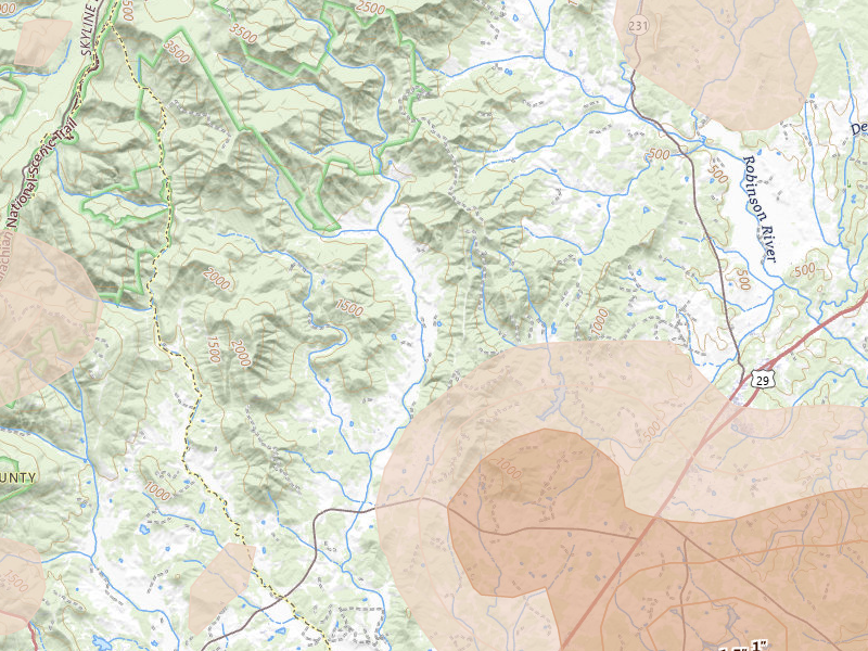Radar-estimated hail-size map of the storm over Madison, VA on Jul 4, 2026
