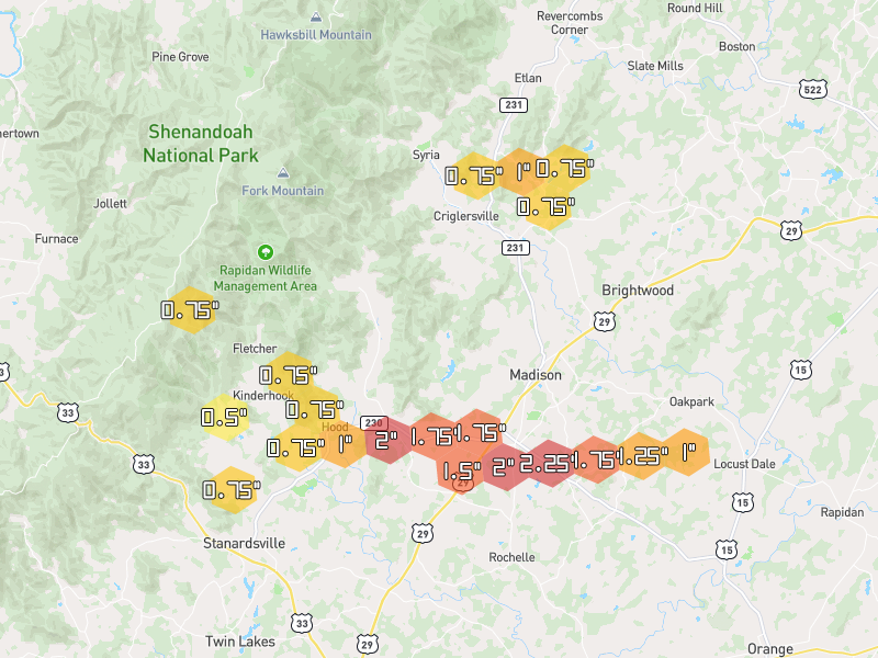 Hail map of Madison, VA on Jul 4, 2026, hail up to 2.25"