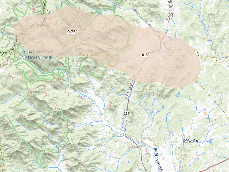 Radar-estimated hail-size map of the storm over Madison, VA on Aug 10, 2026