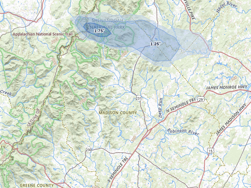 NEXRAD radar-signature map of the hail storm over Madison, VA on Aug 10, 2026