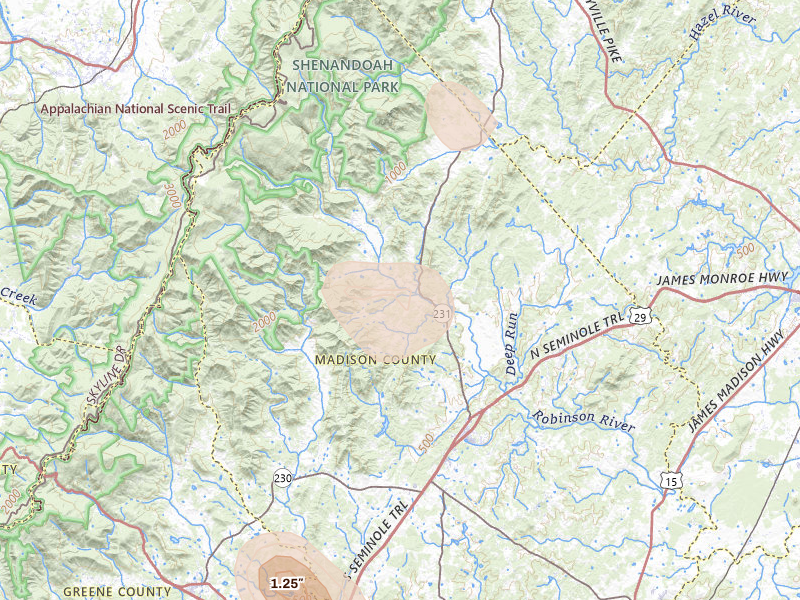 Radar-estimated hail-size map of the storm over Madison, VA on Sep 2, 2026