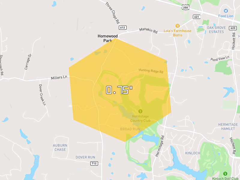 Hail map of Manakin Sabot, VA on Jul 6, 2026, hail up to 0.75"