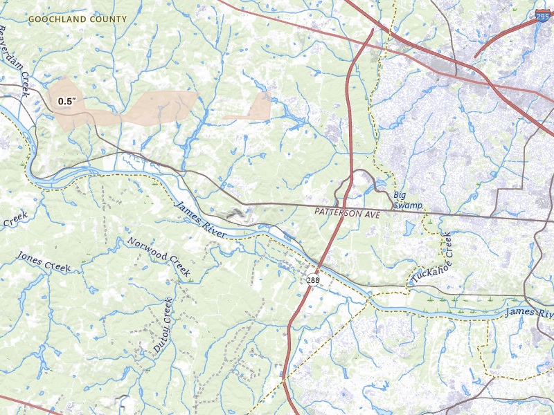 Radar-estimated hail-size map of the storm over Manakin Sabot, VA on Aug 20, 2026