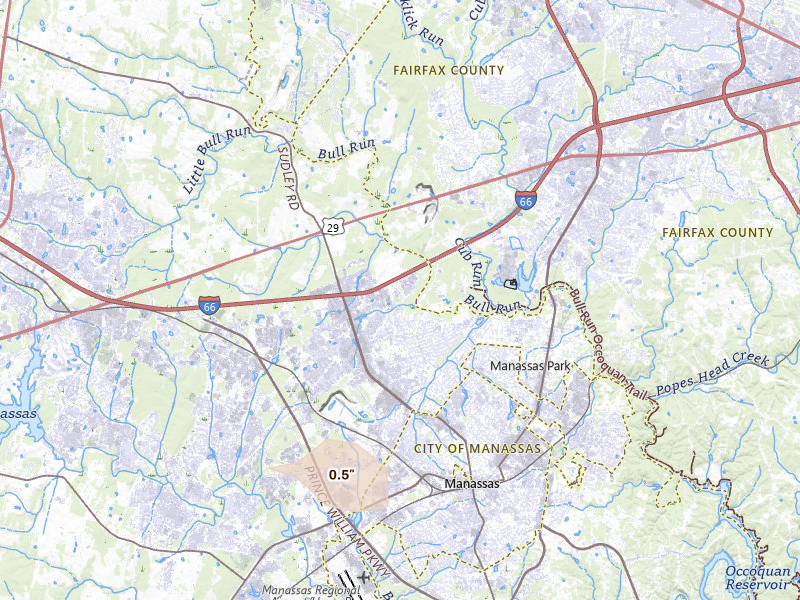 Radar-estimated hail-size map of the storm over Manassas, VA on Apr 1, 2026
