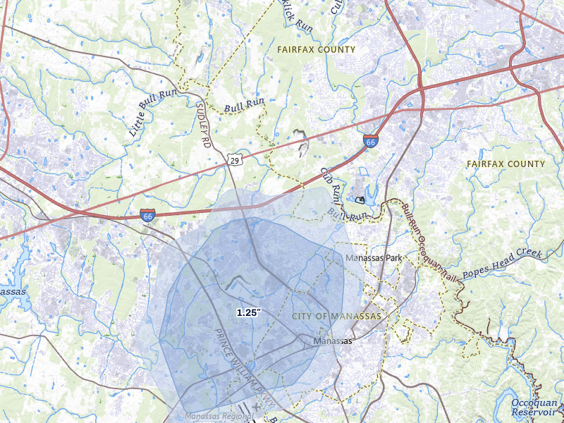 NEXRAD radar-signature map of the hail storm over Manassas, VA on Apr 1, 2026