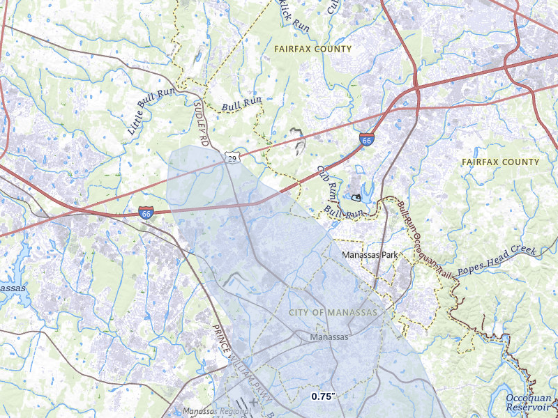 NEXRAD radar-signature map of the hail over Manassas, VA