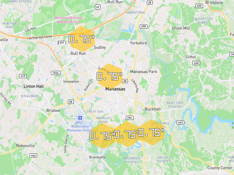 Hail map of Manassas, VA on Jul 7, 2026, hail up to 0.75"