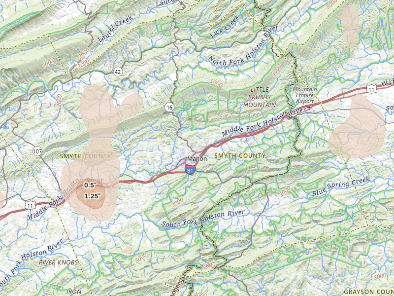 Radar-estimated hail-size map of the storm over Marion, VA on Jul 4, 2026