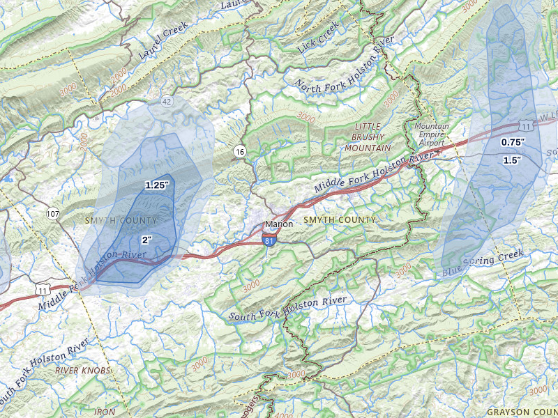 NEXRAD radar-signature map of the hail over Marion, VA