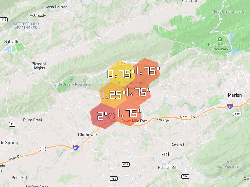 Hail map of Marion, VA on Jul 4, 2026, hail up to 2"