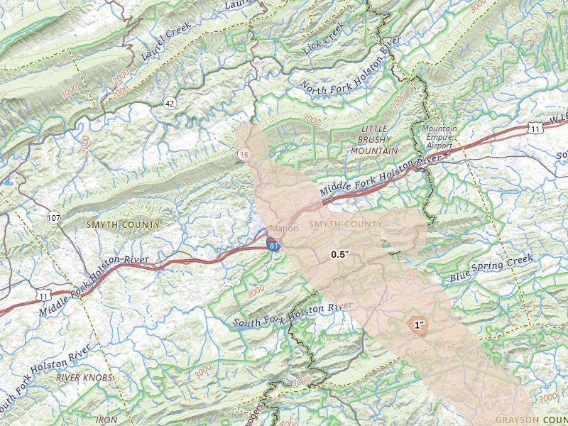 Radar-estimated hail-size map of the storm over Marion, VA on Jul 28, 2026