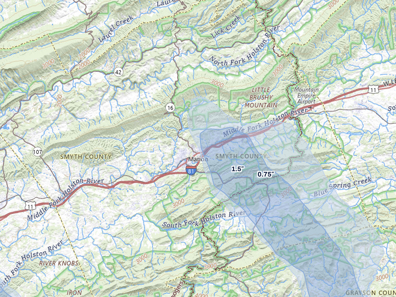 NEXRAD radar-signature map of the hail storm over Marion, VA on Jul 28, 2026
