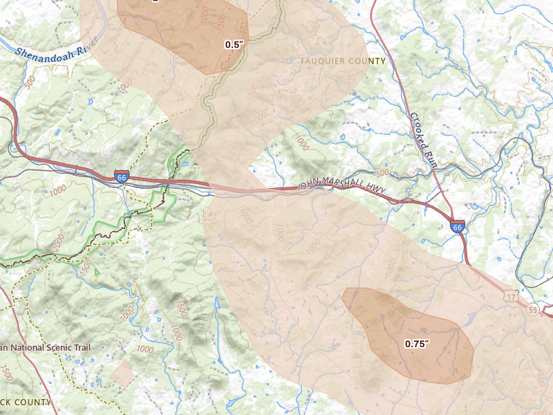 Radar-estimated hail-size map of the storm over Markham, VA on Sep 4, 2026