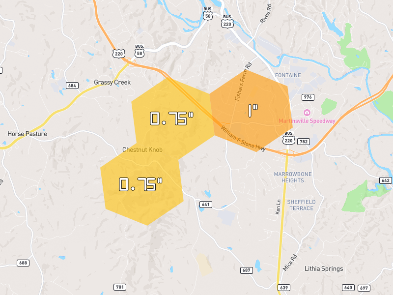 Hail map of Martinsville, VA on Jul 4, 2026, hail up to 1"