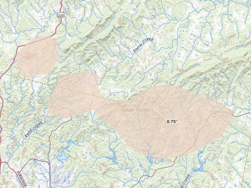 Radar-estimated hail-size map of the storm over Martinsville, VA on Aug 22, 2026