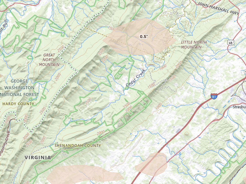 Radar-estimated hail-size map of the storm over Maurertown, VA on Aug 27, 2026