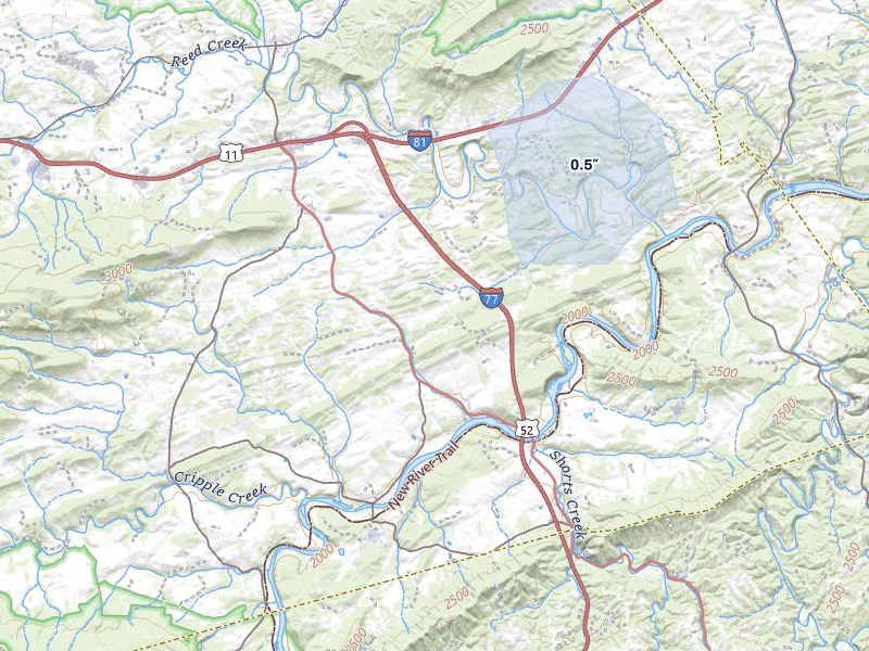 NEXRAD radar-signature map of the hail storm over Max Meadows, VA on May 27, 2026