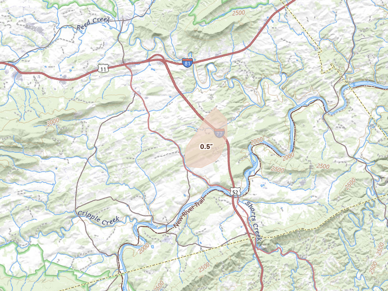 Radar-estimated hail-size map of the storm over Max Meadows, VA on Aug 9, 2026