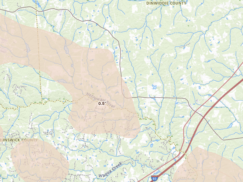 Radar-estimated hail-size map of the storm over Mc Kenney, VA on Sep 4, 2026