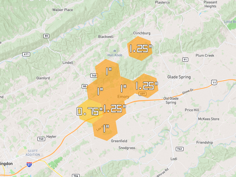 Hail map of Meadowview, VA on Jul 5, 2026, hail up to 1.25"