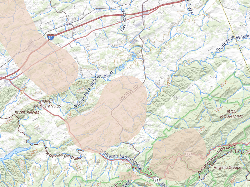 Radar-estimated hail-size map of the storm over Meadowview, VA on Jul 28, 2026