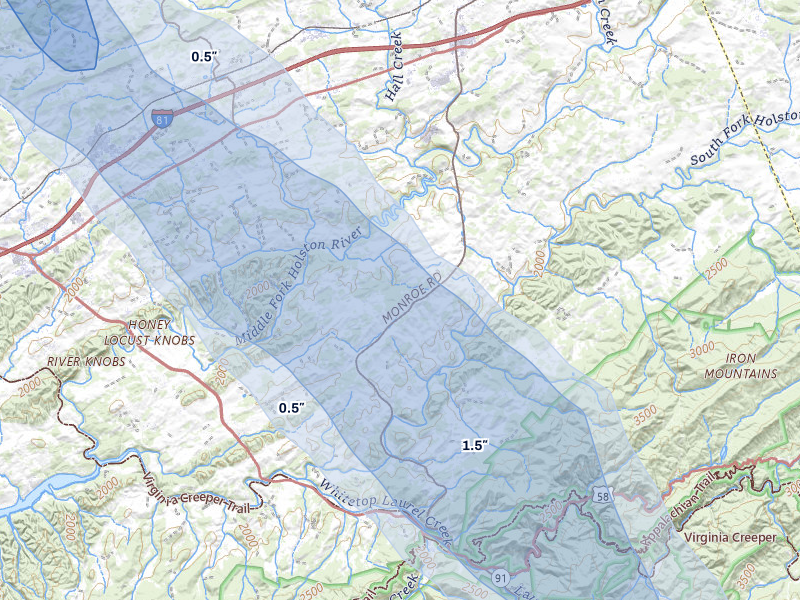 NEXRAD radar-signature map of the hail storm over Meadowview, VA on Jul 28, 2026